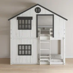 Modern Farmhouse Twin Over Twin Bunk Bed, White/Black