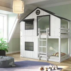 Modern Farmhouse Twin Over Twin Bunk Bed, White/Black