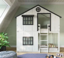 Modern Farmhouse Twin Over Twin Bunk Bed, White/Black